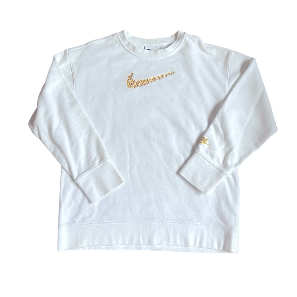 Nike White Sweatshirt Gold Flower Embroidered Logo Sweatshirt US XL